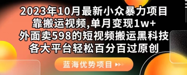 2023年10月最新小众暴力项目，靠搬运视频,单月变现1w+，外面卖598的短视频搬运黑科技，各大平台轻松百分百过原创|小鸡网赚博客